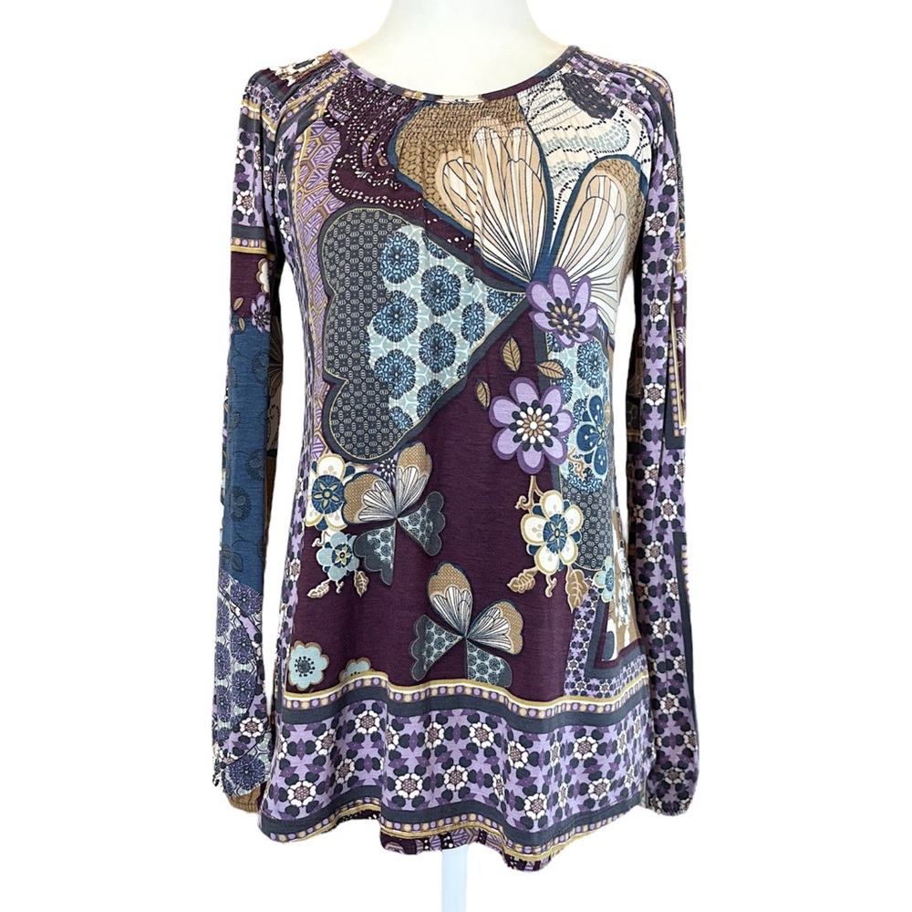 Vintage Y2K Zuiki Italy Floral Boho Patchwork Long Sleeve Top Purple Multi OS